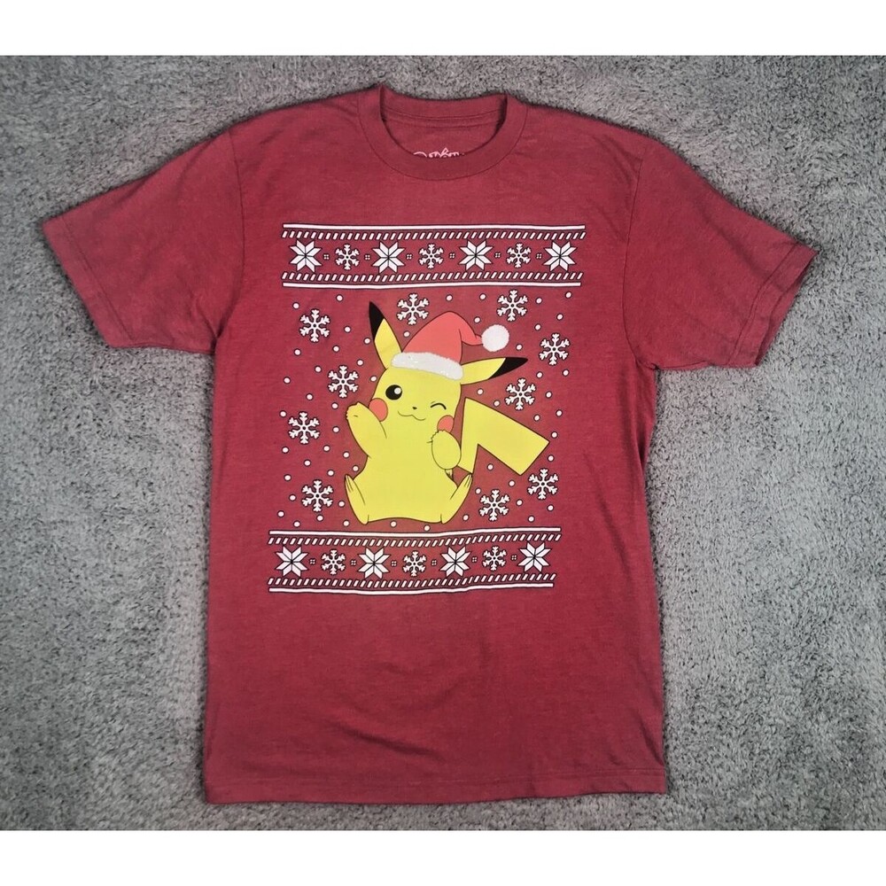 Pokemon Pikachu Christmas T Shirt Mens Size Small Red Short Sleeve